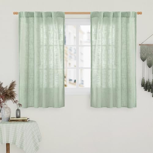 LAMIT 54 Inch Semi Sheer Window Linen Curtains, Light Filtering Panels Back Tab and Rod Pocket Country Decor Drapes for Bedroom/Farmhouse, Fresh Green, 2 Panels, 34 x 54 Inch