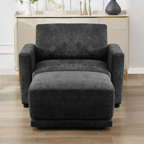 Image of 44.2 inch Chenille Oversized Chair with Movable Ottoman, Modular 1 Seat Couch with Thickened Cushions, Modern Single Sofa Chaise Lounge Reading Chair for Living Room, Small Apartment, Black