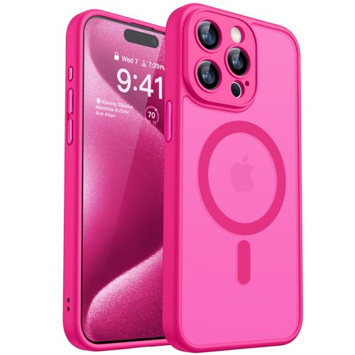 Image of CANSHN Magnetic Compatible with iPhone 15 Pro Case, Upgraded [Full Camera Protection] [Compatible with Magsafe] [Translucent Matte] Shockproof Protective Phone Case Cover 6.1 Inch - Hot Pink
