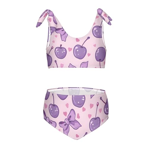Girls' Bikini Set, Cherries with Bows in Lilac-Pink Colors Kids Swimsuit 2 Pcs Beach Bathing Suit