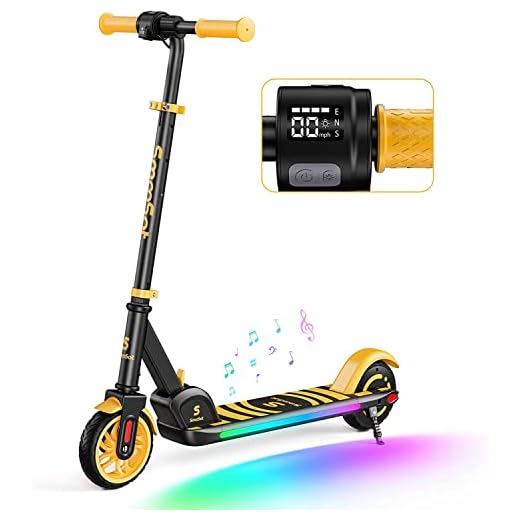 SmooSat E9 Apex Scooter Eléctrico Niños Altavoz de Música Bluetooth Luces Coloridas Arco Iris Pantalla LED Velocidad Ajustable y Altura Scooter Plegable E-Scooter para Niños a Partir de 8 años