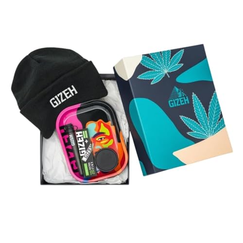 GIZEH Rolling Zubehör Set 5-teilig BLACK King Size Slim Papers Active Filter Jay Tube Grinder Metall Rolling Tray & Beanie