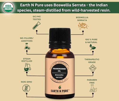 Image of Earth N Pure Frankincense Essential Oil for Skin & Aromatherapy - 100% Pure Premium Frankincense Oil for Face Care, Anti Aging & Relaxation - Natural Essential Oil - 10ml