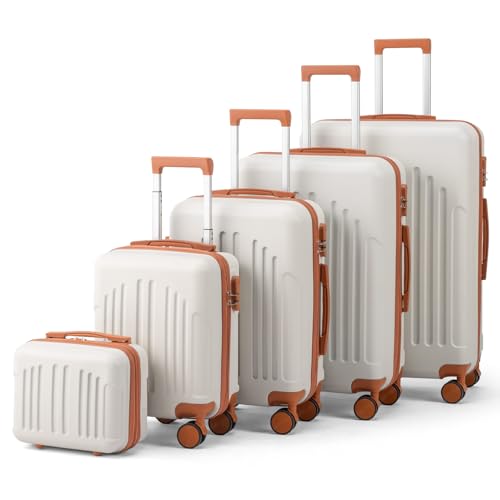 LALAHO Set de 5 Valises avec Vanity Case, Valise Grande Taille/Cabine, Petite Valise, Bagage Suitcase en ABS (Beige-Brun)