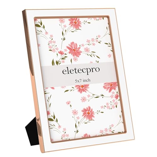 Image of eletecpro 5x7 Enamel Picture Frame Set of 2 with Real Glass Cover, Cute Photo Frame with Rose Gold Metal Edge, Horizontal and Vertical Display Pictures 5 by 7 for Tabletop and Wall Decor, White