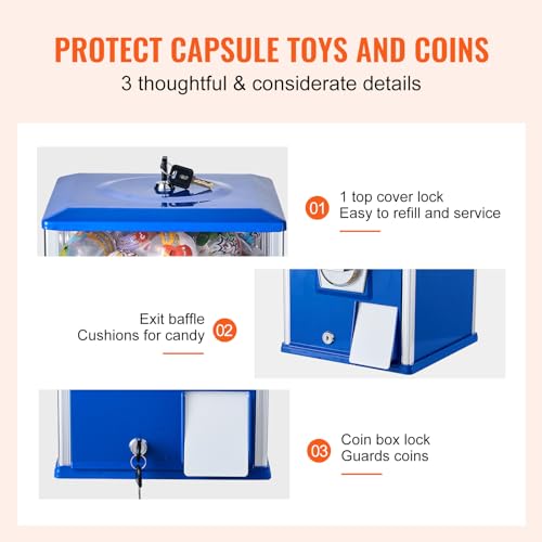 Image of VEVOR Gumball Machine for Kids, 25 inch Height Home Vending Machine, PS Bouncy Balls Dispenser, Hold 230 Capsule Toys, Rectangle Bubble Gum Machine for Game Stores, Coin Operated Gumball Bank, Blue