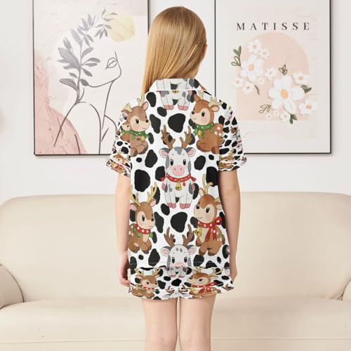 Satin Pajama Sets Short Sleeve Cute Deer on Cow Print Button Down Silky Nightwear 2 Piece PJS 5-14Y4