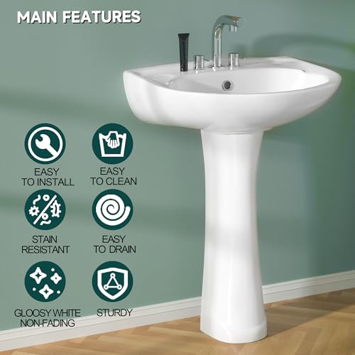 Miuara Pedestal Sink 21 Inch - 3 Holes Bathroom Pedestal Sink, White Pedestal Sink 21 x 19 Inch, Bath Pedestal Sink Combo, Ceramic Pedestal Sink for Bathroom, with Overflow Hole - Thumbnail 2