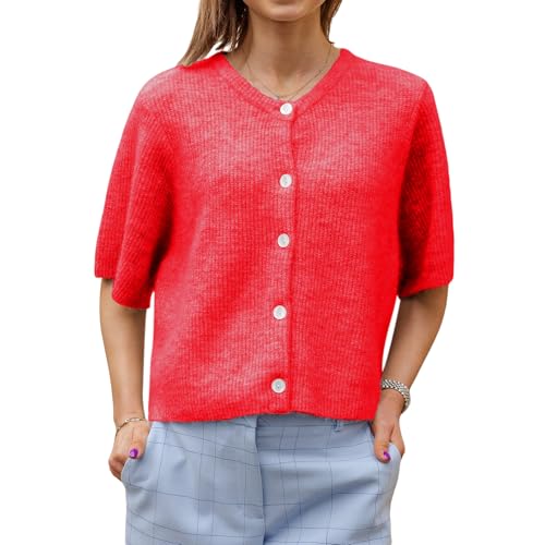 Image of Women Lightweight Knitted Cropped Cardigan Shirt Short Sleeve Button Down Sweater Y2k Open Front Loose Ribbed Shirt