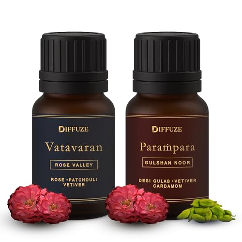Image of DIFFUZE Essential Oil Set - Royal Rose Duo - 2 x 15 ml (Rose Valley & Gulshan Noor) | Desi Gulab, Vetiver & Patchouli Fragrance Oil Blend for Diffuser & Gifting | Long-Lasting Floral Aroma for Home & Bedroom