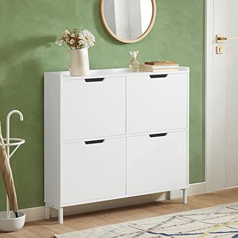Haotian Shoe Cabinet with 4 Flip-Drawers, Narrow Shoe Rack, Slim Shoe Organiazer Entryway White, FSR100-W, 7.5" D x 39.4" W x 35.6" H Cover