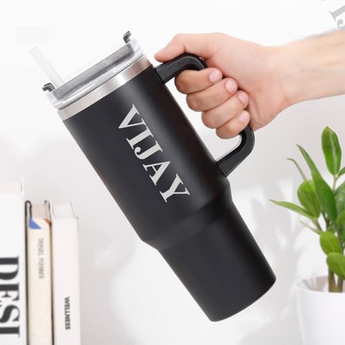 Image of IGP Personalized 1200 ml Tumbler with Handle & Straw | Same Day Delivery | Custom Name Stainless Steel Travel Mug | Double Walled Tumbler | Present for Him, Her, Husband, Wife & Friends
