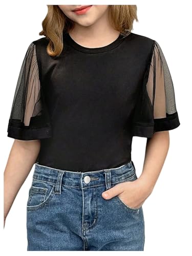 SHENHE Girl's Mesh Flutter Short Sleeve Top Crew Neck Summer Dressy Going Out Tee Shirt