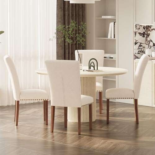 Image of Farmhouse Dining Chairs Set of 6, High Back with Wooden Legs and Nailhead Trim, Modern Fabric Dining Room Chair for Kitchen /Restaurant