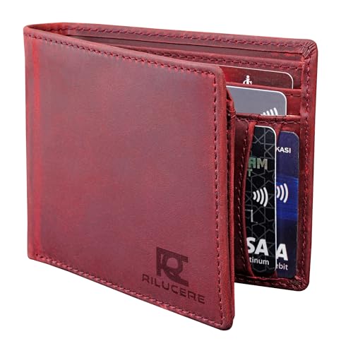 Wallet for Mens, Premium Genuine Crazy Horse Leather Wallet,Exlusive Wallet Men, RFID Blocking Bifold Simple Front Pocket Wallet Gifts for Him (Classic, Claret Red)