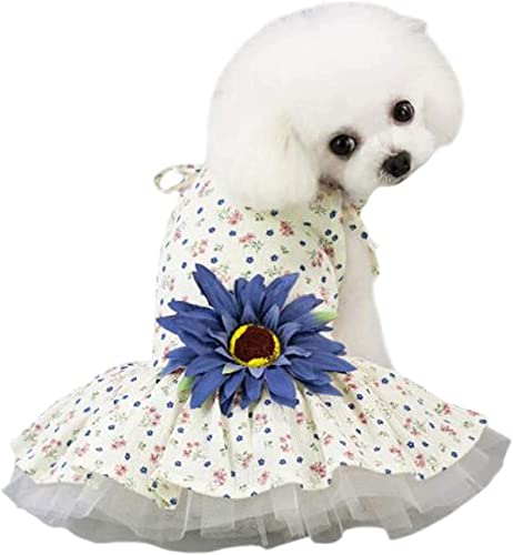 おしゃれデイジー犬服ドレスワンピースペット用プリンセススカート薄いペット服ドッグウェアお姫様洋服チュチュ犬Tシャツ抜け毛対策春夏用小型犬中型犬お散歩お出掛けウェディングドレス結婚式誕生日パーティー記念撮影(S,青い花)