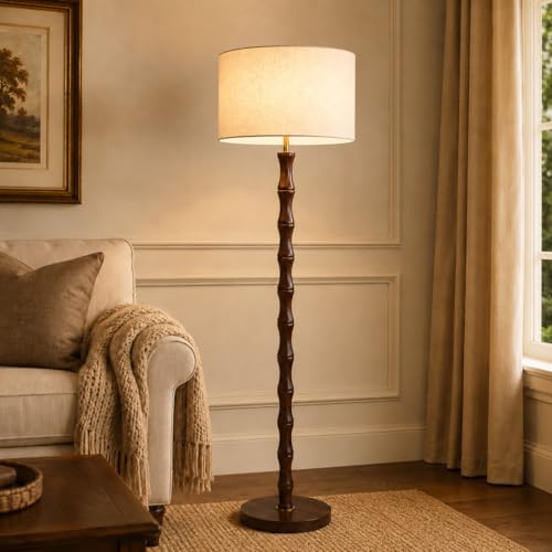 FROIDEXG Lampada da terra moderna di metà secolo dimmerabile per soggiorno,lampada da terra alta con paralume in lino e lampada angolare in legno massello,luce da lettura per angolo della camera letto