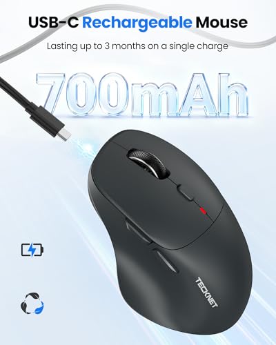 Image of TECKNET Wireless Mouse Bluetooth 5.0 /3.0 & 2.4G Rechargeable, Silent Clicks, Adjustable 4800 DPI, 6 Buttons, Ergonomic Design, Bluetooth Mouse for Laptop, Computer, ipad - Gray
