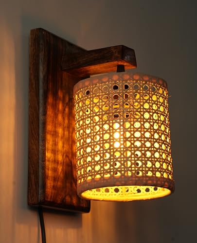 Image of Ikari Homes Rustic Wooden Wall Lamp I Cylindrical Raffia Shade I Vintage Wall Lamp I Boho Rattan Wall lamp for Bedroom /Balcony /Living Room /Outdoor /Entrance - Size 10 x 5 in (Rattan Hex Mesh)