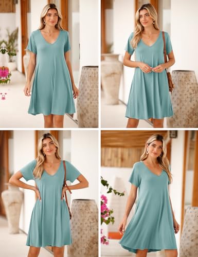 Image of JollieLovin Women T Shirt Plus Size Summer Swing Dresses Short Sleeve V Neck Loose Casual Dress(L-5X)
