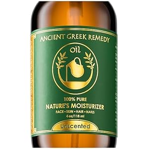 Ancient Greek Remedy Unscented Organic Face and Body Oil made of Olive, Almond, Jojoba, Grapeseed, and vitamin E oil for Sensitive Dry Skin, Hair, Nails. Anti Aging Moisturizer for Women, Men 4oz