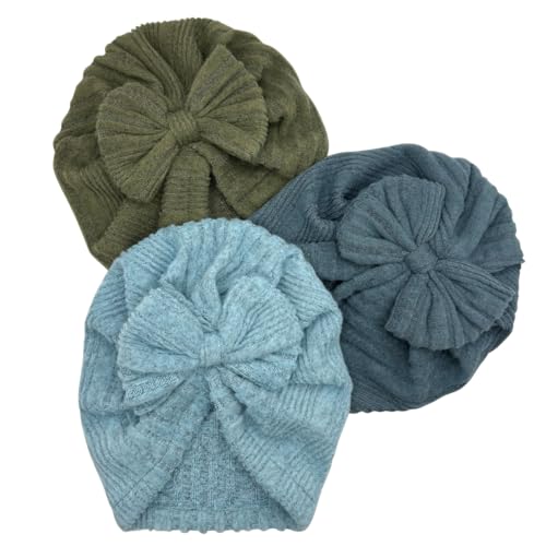 Image of ZURLEFY 3 Pack Velvet Baby Turban Hats with Bow, Stretchy Baby Head Cover Beanies for Newborn, Toddler, Infant Head Wraps