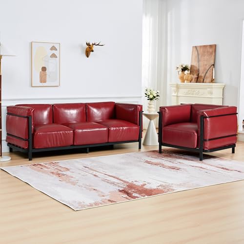 Image of 2 Piece Living Room Sofa set, Mid-Century Modern Upholstered Couch Chair Faux Leather Sofa Couch with Iron Frame and Upholstered Armrest Backrest Cushion for Living Room, Office, Apartment (Burgundy)