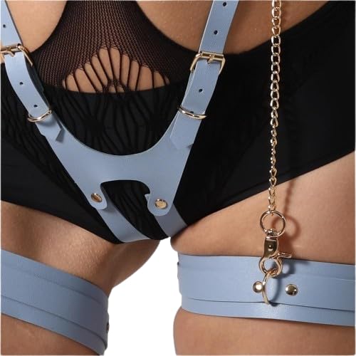 FEHEOO Women's PU Leather Strappy Harness Lingerie - Adjustable Chain-Decorated Outfit for Roleplay Mardi Gras: Light Blue