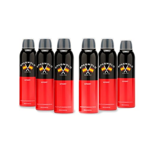 SPAGNOLO - Sport, Desodorante Hombre Spray, Pack de 6 x 200 ml, Desodorante para Todo Tipo de Piel, Protección de Larga Duración, Deodorant Hombre, Fragancia Amaderada Especiada