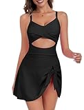 ZAFUL Swim Suit for Women 2024 Tummy Control Swimsuit Black One Piece Bathing Suit Slimming Swim Dress Modest Swimwear Push Up Cut Out V Neck Swimdresses Trendy Cute Tie Knot Monokini Skirt Black L