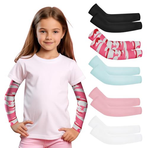 Mlurcu 5 pares de mangas de béisbol para niños, protección solar UV, mangas de compresión refrescantes para cubrir los brazos para niños y niñas, Serie Rosa 3-7, 3-7