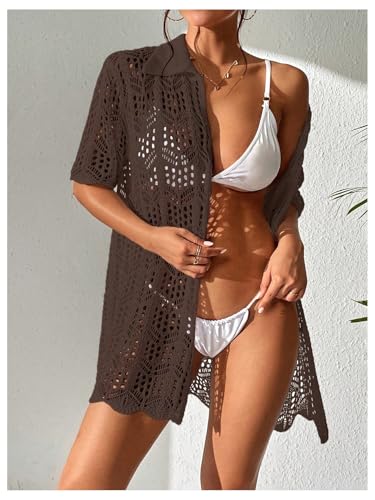 Image of GORGLITTER Women's Crochet Swimsuit Coverups Dress Button Down Short Sleeve Beach Vacation Summer Cover Up Dresses 2025