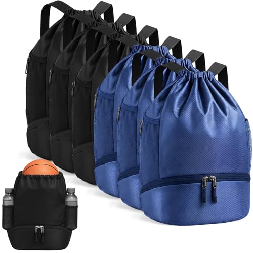 Image of 6 Pcs 6 Pcs Gym Drawstring Backpack Bulk for Men, Blue, Black | Drawstring Closure, with Shoe Compartment, Wet Proof Pocket, Lightweight, Durable Build, Gym Practice & Game-day Ready