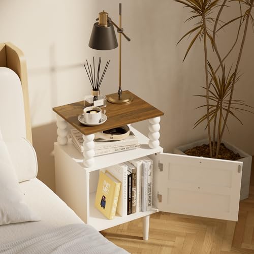 Image of Veegle White Nightstand,Mid-Century Modern Bedside Table with Storage Drawer and Open Wood Shelf, for Bedroom and Small Spaces,Night Stand with Solid Wood Legs (White)