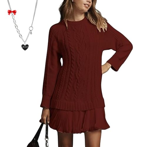Women Crewneck Cable Knit Sweater Mini Dress, Crew Neck Long Sleeve Patchwork Pleated Pullovers Patchwork