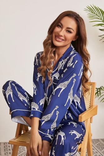 Image of Brosloth Women's Silk Satin Pajamas Pjs Sets Cute Lace Pattern Two Piece Loungewear Set Button Up Pajamas Sleepwear Black