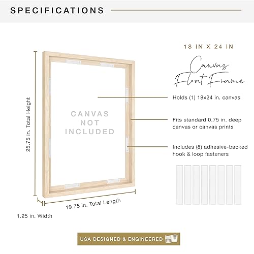 Image of MCS Canvas Float Frames 18x24 Frame, Natural Woodgrain for Finished Canvases, Vertical & Horizontal Wall Hanging Large with Adhesive for Canvas Paintings (1-Pack)