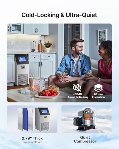 Image of VEVOR Commercial Ice Maker Machine, 100 lbs /24h with 28Lbs Storage, 45 Cubes per Cycle, Stainless Steel Freestanding & Under Counter Ice Maker with LED Display & Self-Cleaning, for Home Bar Restaurant