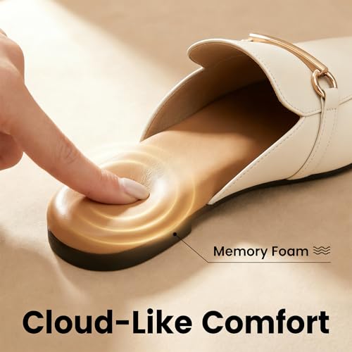 Image of MUSSHOE Gold Buckle Mules for Women - Comfortable Memory Foam Loafers, Classy Slip On Flats for Office Business Casual, Dressy Pointed Toe Shoes