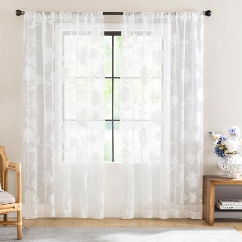 Image of White Lace Sheer Curtains 63inch Rose Knitted Net Curtains with Vintage Floral Embroidered for Living Room Bedroom Window Privacy Country Chic Retro Leaf Semi Sheer Drapes Rod Pocket 54 inchW 2Panels