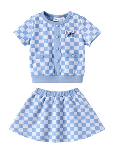 Disney Lilo & Stitch Big Girls 2 Piece Outfit Light Blue Short Sleeve Character Print Button Knit Top & Tweed Skirt Set Birthday Party Kids Dress Costume Summer Holiday Clothes Gift 8-9 Years