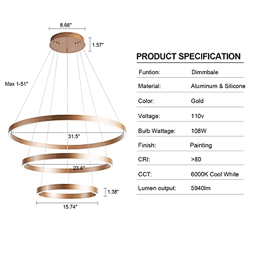 Image of MADEM Modern LED Chandelier 3-Ring Circular Dimmable Pendant Light,Gold | Contempoary Chanderlier Flush Mount Pendant Lighting for Living Room Dining Room, Bedroom,3000K-6000K
