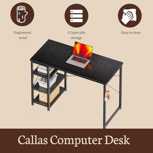 Image of Callas Computer Desk with Side Storage Shelves for Home Office, Study Table for Laptop, Writing & Workstation - Sturdy Metal Frame & Wooden Top (ST-24-Black)