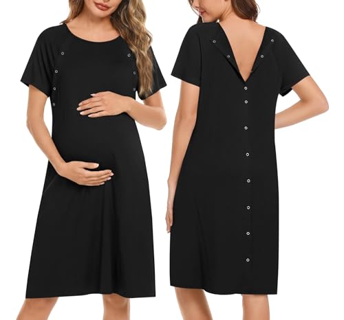 Image of Ekouaer Women’s Nursing/Delivery/Labor/Hospital Nightdress Short Sleeve Maternity Nightgown with Button S-XXL