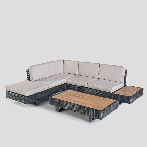 Image of DEVOKO 3 Pieces Patio Sectional Sofa All-Weather Outdoor Seating Sets with Wood Top Attach Side Table (Black and Cream)