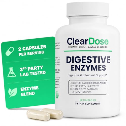 ClearDose Digestive Enzymes with Probiotics Broad Spectrum Enzyme Formula for Digestive Support Bloating & Gas Relief Lactase Protease Lipase 60 Capsules