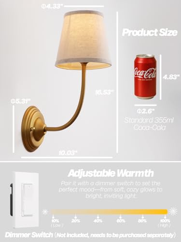 Image of Vintage Fabric Wall Sconces Set of 2 with 5.5 inch Funnel Linen Cloth Shade, E26 Hardwired Indoor Wall Mounted Lamp Fixtures for Bedroom Dining Room Hallway Bathroom