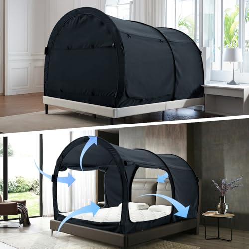 Image of Alvantor Bed Canopy Tents Dream Privacy Space Twin Bunk Bed Sleeping Tents Indoor Pop Up Portable Frame Curtains Breathable Grey Cottage (Mattress Not Included) Reducing Light