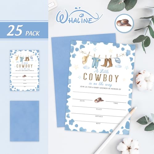 Invitaciones de vaquero para baby shower azul de 5x7 con sobres y pegatinas pack de 25 3