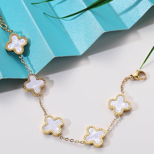 18K Gold Clover Lucky Bracelet – Double-Sided Pearl Flower Charms, Reversible Design, Adjustable Trendy Jewelry Gift for Women3